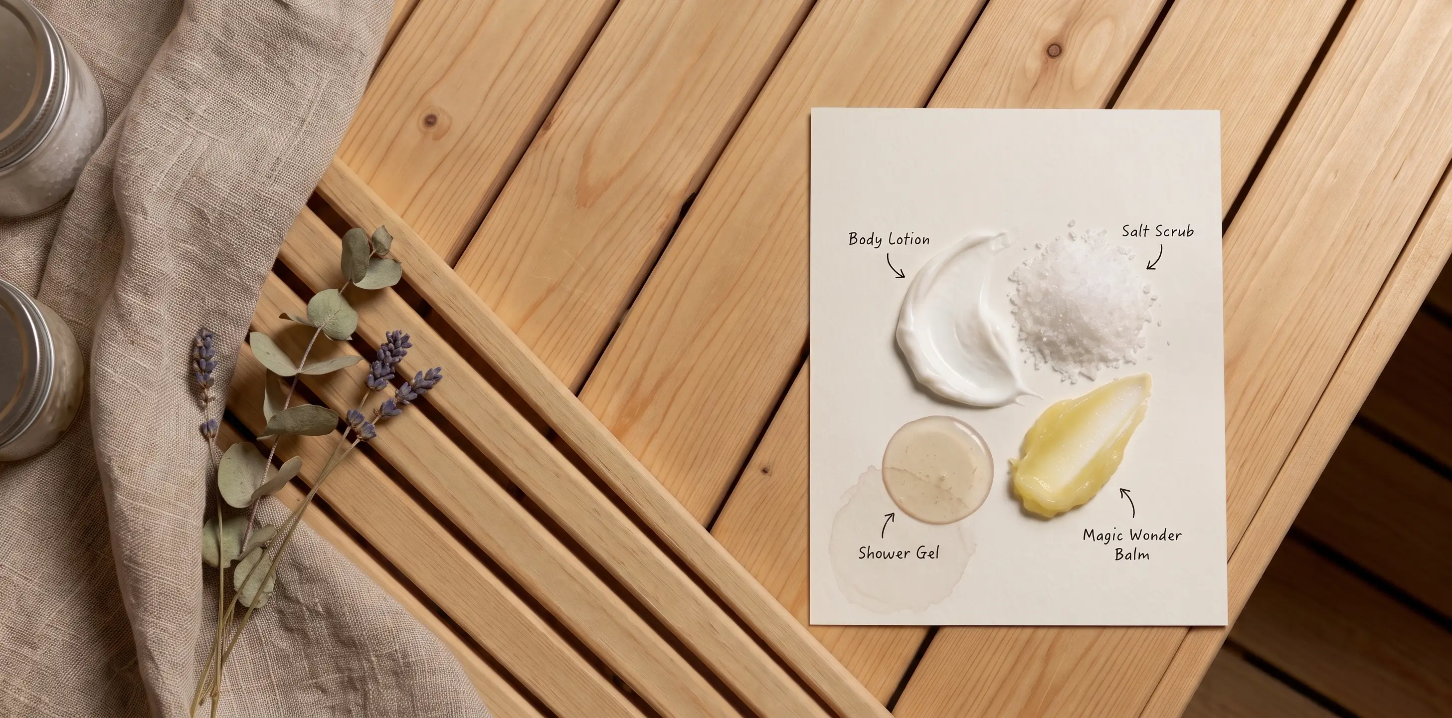 Texture swatches of Body Lotion, Salt Scrub, Shower Gel and Magic Wonder Balm on a sheet of paper on a sauna bench