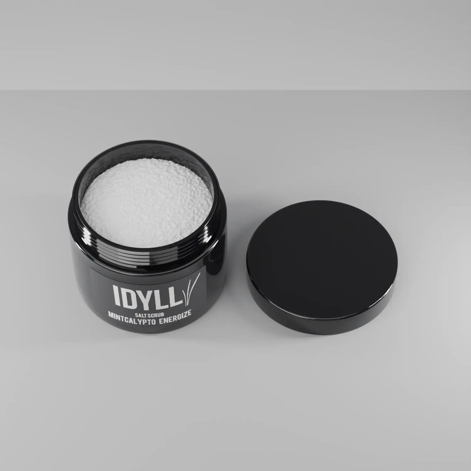 Naturlig Saltskrubb Mintcalypto Energize med locket av, innehållet synligt